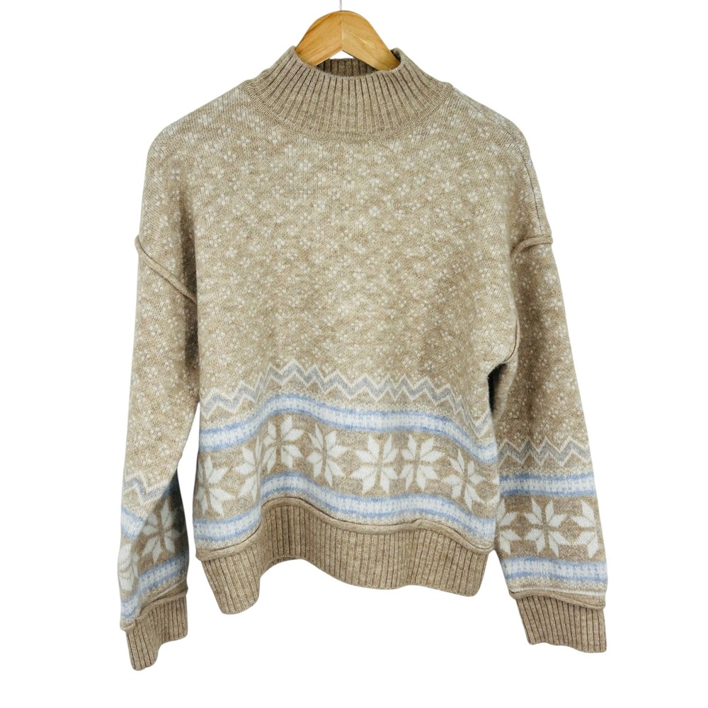 Marled Fair Isle Mock Neck Sweater Tan Snowflake Knit Pullover Large